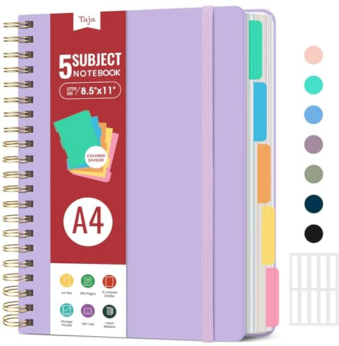 Hardcover Spiral Journal Notebooks for Work With Removable Dividers & Tabs, 8.5x11 5 Subject Notebook for Note Taking & Organizer, A4 College Ruled Lined Journal for Women & Writing, Lilac Purple, 280 Pages