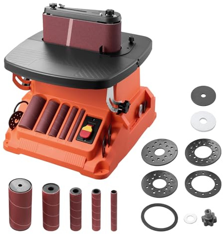 VEVOR Ponceuse à Broche Oscillante d'Établi 2000 tr/min Course 16 mm, 5 Manchons 12,7 mm 19 mm 25,4 mm 38,1 mm 50,8 mm, Bande Abrasive 610 x 98 mm pour Travail du Bois, Ponçage de Meubles, Bricolage
