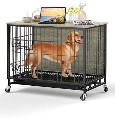 Jaula para perros, 69 x 51 x 60 cm, caja para perros de madera y metal, caseta con ruedas, 2 puertas y bandeja extraíble, casa para perros medianos pequeños de hasta 15 kg, mesa auxiliar para salón