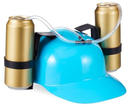 Relaxdays 1 x Casco para Beber, Casco con Tubo, para 2 latas de Cerveza, artículo Divertido para Fiestas y Festivales, Azul Claro