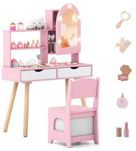 COSTWAY Set Tavolo da Toeletta per Bambini 3+ Anni, Tavolo da Trucco con 3 Modalità di Illuminazione Colorata, Luminosità Regolabile, Specchio con Armadietto, Scaffali Aperti e Cassetti (Rosa)
