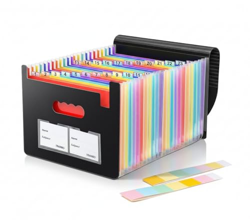 TRANBO 25 Pockets A4 Expanding File Folder with Lid, Accordion Document Organiser, Self-Standing Plastic File Wallet with Adjustable Elastic Cord & Business Card Pockets