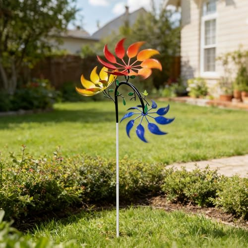 Molinillo de Viento, HOVCEH Molino de Viento Jardin de Metal, Carrillon de Vientos Exterior con Flor Giratoria para Balcón, Huerto, Patio o Tejado