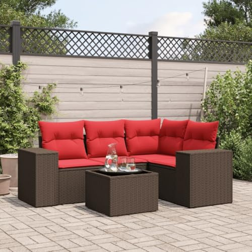 Runheo Ensemble canapé Jardin 5 pièces rotin PE Marron avec Coussins Amovibles lavables, Table Verre trempé 55x55x37 cm, Banquette Angle Centrale et fauteuils modulables pour terrasse Patio