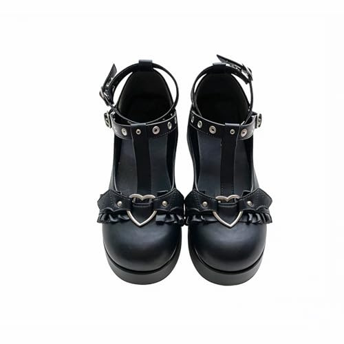CELNEPHO Black Mary Jane Shoes for Women - Platform Round Toe Heart & Cat Buckle Ankle Strap, Gothic Princess Style, Patent Leather Vintage Dress Shoes