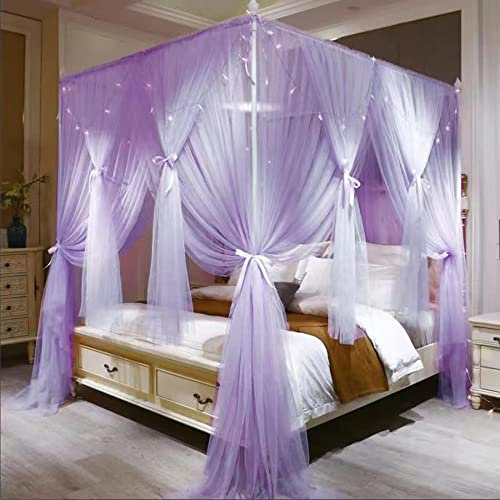 VETHIN 4 Corners Post Princess Bed Canopy Curtain Double Layer Cozy Drape Netting 4 Opening Mosquito Net for & Bedroom Decor Accessories (Double Purple,64'' Wx82'' Lx82''xH/(Queen)) (JQ-CFX-23)