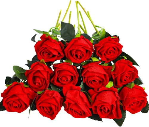 FINGOOO 12pcs Artificial Roses, 11.8” Single Stem Fake Rose Silk Realistic Flowers Wedding Bouquet Realistic Flower for Home Garden Party Wedding Décor, Red