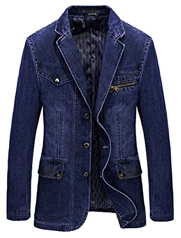 Blazer Homme Slim Fit en Coton Casual Veste en Jean Denim de Costume Affaires Boutonnée Manteaux Suit Jacket Printemps Automne Vintage Décontracté XXL