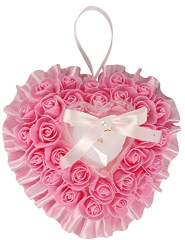 BYNYXI Ringkissen Hochzeit, Schaumstoff Rose Ring Box Herzform Blume Ringträger Herzform Ringbox Schmuckschatulle mit eleganten Satin Diamanten Perle Heirat Paar Ring Halter für Eheringe Ringe