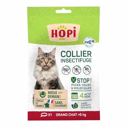 HOPI Collier Anti Puces pour Chat de Plus de 6 kg - Taille 60 cm- A Base d’Extraits de Plantes - 4 Mois de Protection Antiparasitaire Efficace - Pratique et Facile - Fabriqué en France
