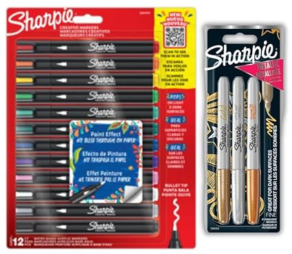 Sharpie Creative Marker Acrylic Paint Pens | Water-Based | No-Bleed Ink Writes on Most Surfaces | Bullet Tip + 3 Marker Pens Fine Point Metallic