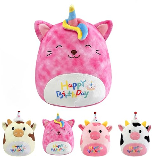 POPOYU 20cm Happy Birthday Unicorn Cat Plush Pillow Toys,Cute Stuffed Unicorn Pillow Doll,Squishy Plushies Doll,Soft Toy Gifts for Kids Girls Birthday Present Kids Collection Home Decoration
