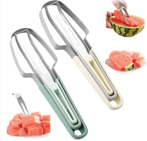 3-in-1 Wassermelonen-Gabelschneider, Edelstahl Wassermelonen Eis am Stiel mit Rundem Griff, Schnelles Wassermelonen Gabel Obstschneidewerkzeug für Cantaloupe, Papaya, Drachenfrucht (Beige+Grün)