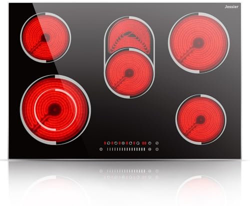 Plaque Vitrocéramique 5 Feux Encastrable 8400W, Jessier Plaque de Cuisson Electrique avec double zone de barbecue ovale, 9 niveaux de puissance, fonction pause, minuterie, verrouillage de sécurité