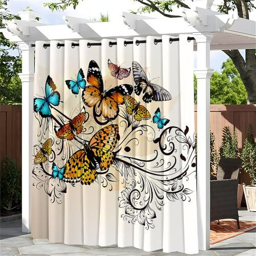 Hiseng 1 Stück Outdoor Vorhänge mit Ösen Wasserdicht Outdoorvorhängemehr Farbig Schmetterling Vorhang Blickdicht Sichtschutz Gardinen für Garten Terrasse Pavillon Balkon (132x182cm,Retro)
