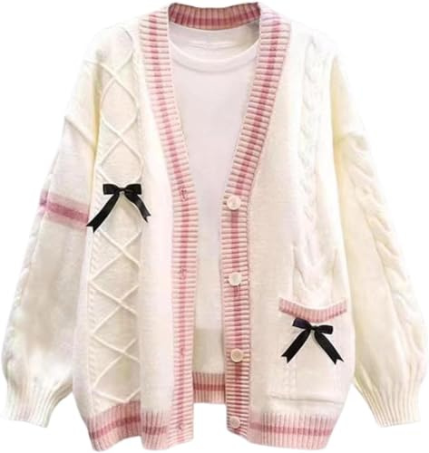 Thicc Cardigan Kawaii avec noeud papillon épinglé pour femme – Pull ample et confortable en tricot torsadé, mignon boutonné sur le devant, manteau en tricot à manches longues