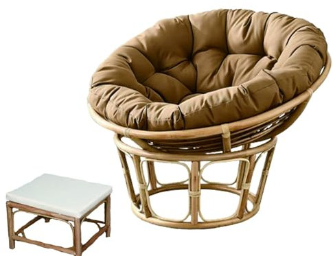 Canapé paresseux, chaise soucoupe confortable, fauteuil Papasan en osier, chaise de siège Papasan ronde en rotin naturel, avec coussin de chaise Papasan et repose-pieds, 110*110*80 cm(Light brown)