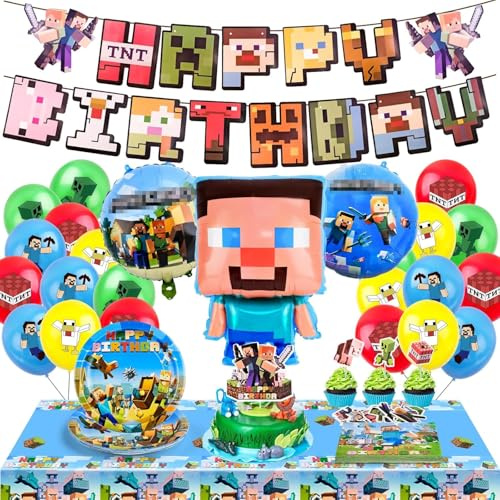 Kit de Décoration de Fête d'Anniversaire, 71 Pièces Pixel Deco Anniversaire à Thème pour Enfant, Bannières d'Anniversaire, Vaisselle Assiettes Serviettes, Ballons, Decoration Gateau