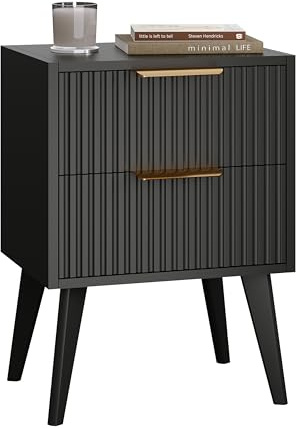 YAUKOMEL Mesita de Noche con 2 cajones ondulados,Mesa Auxiliar con Asas de Metal, Mesilla de Noche Moderna de Mediados de Siglo, para Sala de Estar, Dormitorio,Negro,DECTG55BK