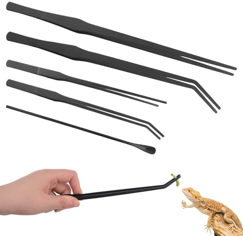HACRAHO Lot de 5 pinces à épiler longues droites et incurvées en acier inoxydable avec pointe en caoutchouc pour terrarium, aquarium, lézards, barbu, serpents (noir)