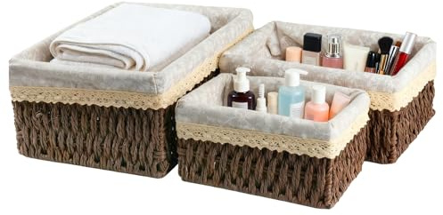 wocpvm Set de 3 Boho Cestas de Almacenamiento Tejidas,Cestas para Organizar Cosméticos para Baño, Tocador y Organizar Cosméticos & Toallas (Marrón)