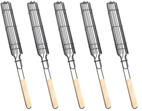 Opatiny Juego de 5 cestas de acero resistente para asar con rejilla con cerradura y mango de madera, salchichas, verduras y brochetas en parrilla de barbacoa