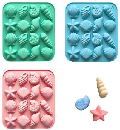 3 Stück Meerestiere Gießformen Silikon 16 Mulden 3D Ozean Tier Silikon | Backformen Seesterne Muscheln Silikonform Zum Basteln von Kuchen Pralinen Bonbons Eiswürfeln und Seifen