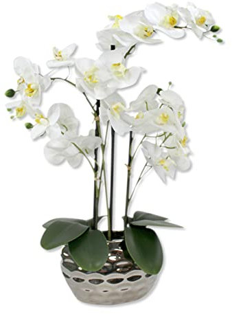 DARO DEKO Kunst-Pflanze Orchidee (ovaler Topf Silber Hochglanz und weiße Blüten 53cm)