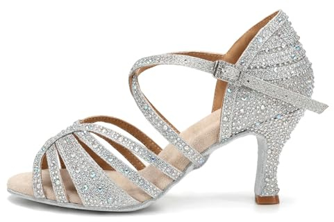 HROYL Zapatos de Baile Latino Mujer Salsa y Bachata Zapatos Baile de Salón,YCL356-7.5,Plateado,EU 34