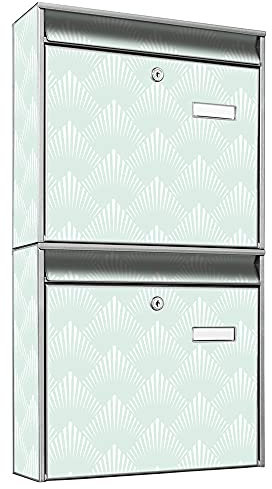 banjado Briefkastenanlage 2 Fach - 2 Briefkästen 36x64x10cm groß - Doppelbriefkasten Set - Namensschild, 2 Schlüssel, Montagematerial - Stahl verzinkt Silber - Motiv Strahlen Mint