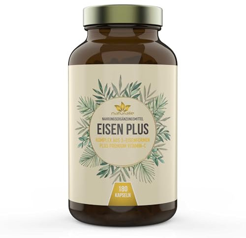 naturalie® - Eisen Kapseln | 25 mg Eisen | 4-Fach Komplex aus Eisenbisglycinat + Eisengluconat + Curryblattextrakt und premium Vitamin-C | laborgeprüft | 180 Kapseln im BPA-freien Braunglas