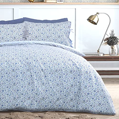 Sleepdown Ditsy Flowers - Juego de Funda de edredón de fácil Cuidado, diseño de Flores, Color Azul y Blanco, matrimonio