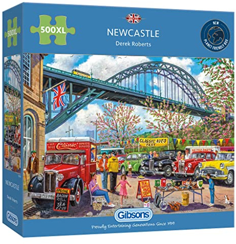 Gibsons Newcastle  500 Extra Large Piece Jigsaw Puzzle for Adults - Vintage Cars British Traditional Nostalgic Artwork by Derek Roberts - Premium Sustainable Puzzle Made in the UK/EU - Great Gift