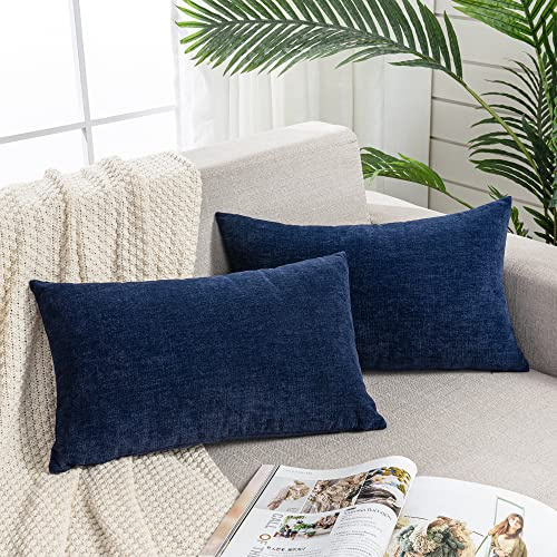 GAWAMAY Lumbar Support Pillow Decorative Rectangle Throw Pillow Covers 12x20 Inch Set of 2, Soft Chenille Pillowcase for Living Room Bedroom Sofa Couch Cushion Cover Navy Blue 30x50cm (ONLY Covers)