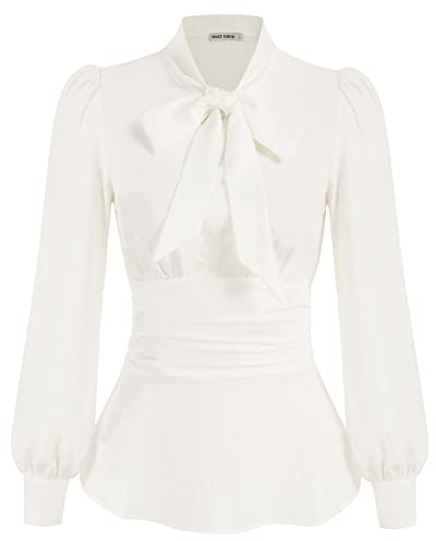GRACE KARIN Mujer Blusa Entallada Manga Larga Abullonada con Lazo Peplum Negro/Marfil