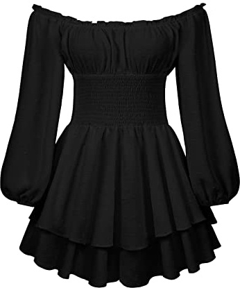 Loalirando Robe Femme à Volant avec Shorts Intégrés Mini Robe à Manches Longues Lanternes Epaules Dénudées Chic Elégante (Noir, S)