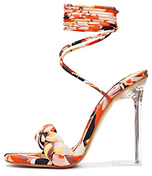 Cape Robbin Women's Lace-Up Transparent High Heels - Braided Open Almond Toe Clear Heeled Sandals (Tracy) - Foliage Print Size 9