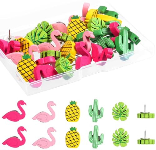 MWUMRCM 30Pcs Punaises Tableau Liège, Punaise en bois Flamingo Cactus pour Tableau en liège punaises décoratives épingles à tête pour Calendrier, Tableaux d'affichage, Mur de Photos DIY
