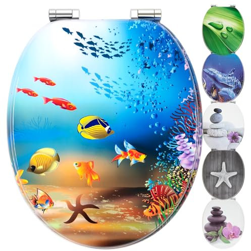 WC Sitz mit Absenkautomatik | Holzkern | stabile Softclose Scharniere | einfache Montage | glatte Oberfläche | tolle Motive zur Auswahl | Holz WC-Deckel universell passend (Unterwasserwelt)