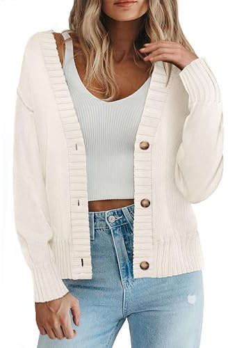 Zeagoo: Cárdigans para mujer, UK, suéteres cortos con frente abierto y botones, de manga larga, tejido suelto, clásico, tallas S-XXL, blanco, XL