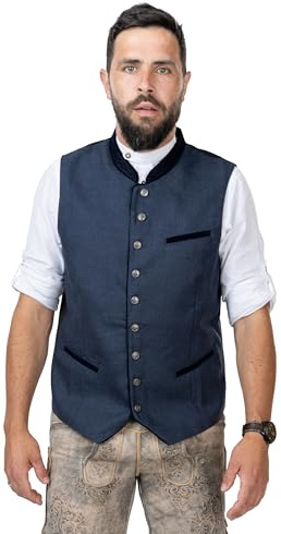 Schöneberger Trachten Couture Gilet traditionnel en laine pour homme - Gilet loden bleu pour Oktoberfest - Pantalon en cuir - Guilet David