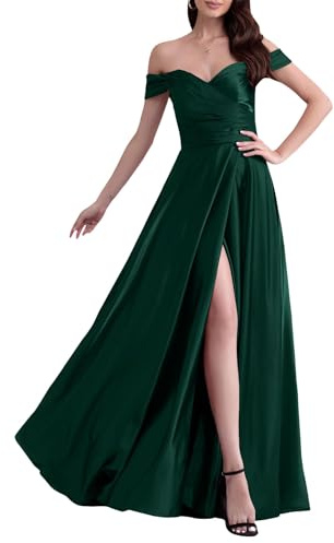 ECDAHICC Vestido de dama de honor sin hombros para mujer, de satén, con abertura larga, elegante, formal, línea A, vestido de boda y fiesta