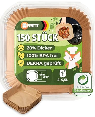 FRITTI Carta Forno per Friggitrice ad Aria 150 Fogli - Extra Spessa e BPA Free - Teglia Accessori Friggitrice ad Aria 2-5L - Carta Forno Quadrata 16-20cm - Ideale per Air Fryer e Cucinare più sano