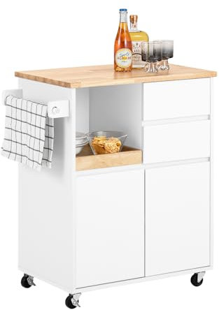 SoBuy Küchenwagen mit Arbeitsplatte Servierwagen mit Rollen Rollwagen Küche Kücheninsel Küchenschrank Für Küche, Wohnzimmer, Esszimmer Weiß BHT ca. 72x84x40cm FKW123-WN