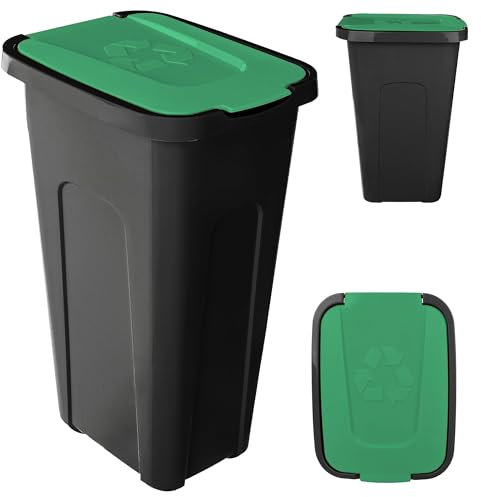 KADAX Poubelle pour tri des déchets, 30 l, robuste, avec couvercle à rabat hermétique, pour système de tri des déchets, en plastique (1, couvercle vert)