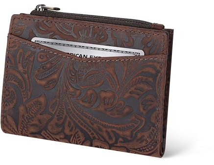 Oak Leathers Cartera de cuero para mujer, monedero pequeño RFID para tarjetas de crédito y soporte de identificación para damas, regalo para mujeres, carteras plegables, Crazy Horse - Flor marrón, S,