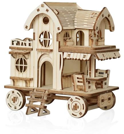 comfoyar 3D Wooden Puzzle Movable House, Wooden Model Kits for Adults to Build, DIY Mechnacial Construction Craft Kits, Home Decor and Birthday for Women Men