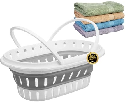 SOLTY – Cesto Plegable colada con asa 37 L | Barreño Plegable Multiusos Silicona y Plástico | Cesto plegable ropa sucia lavadora | Cesto de ropa Ligero y Resistente Blanco y Gris