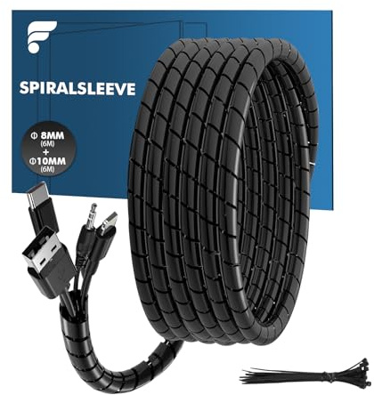shinfly Set di tubi flessibili per cavi, 2 x 12 m, tubo a spirale (Ø 8 mm e 10 mm), tubo flessibile di protezione per cavi e organizzazione, con 10 fascette per cavi, colore nero