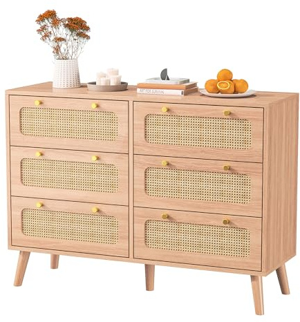 TIMORWTF - Cajonera con 6 cajones de 100 cm, cómoda de ratán con cajones con patas de madera, 100 x 34 x 73 cm, para dormitorio, salón o pasillo (6 cajones)